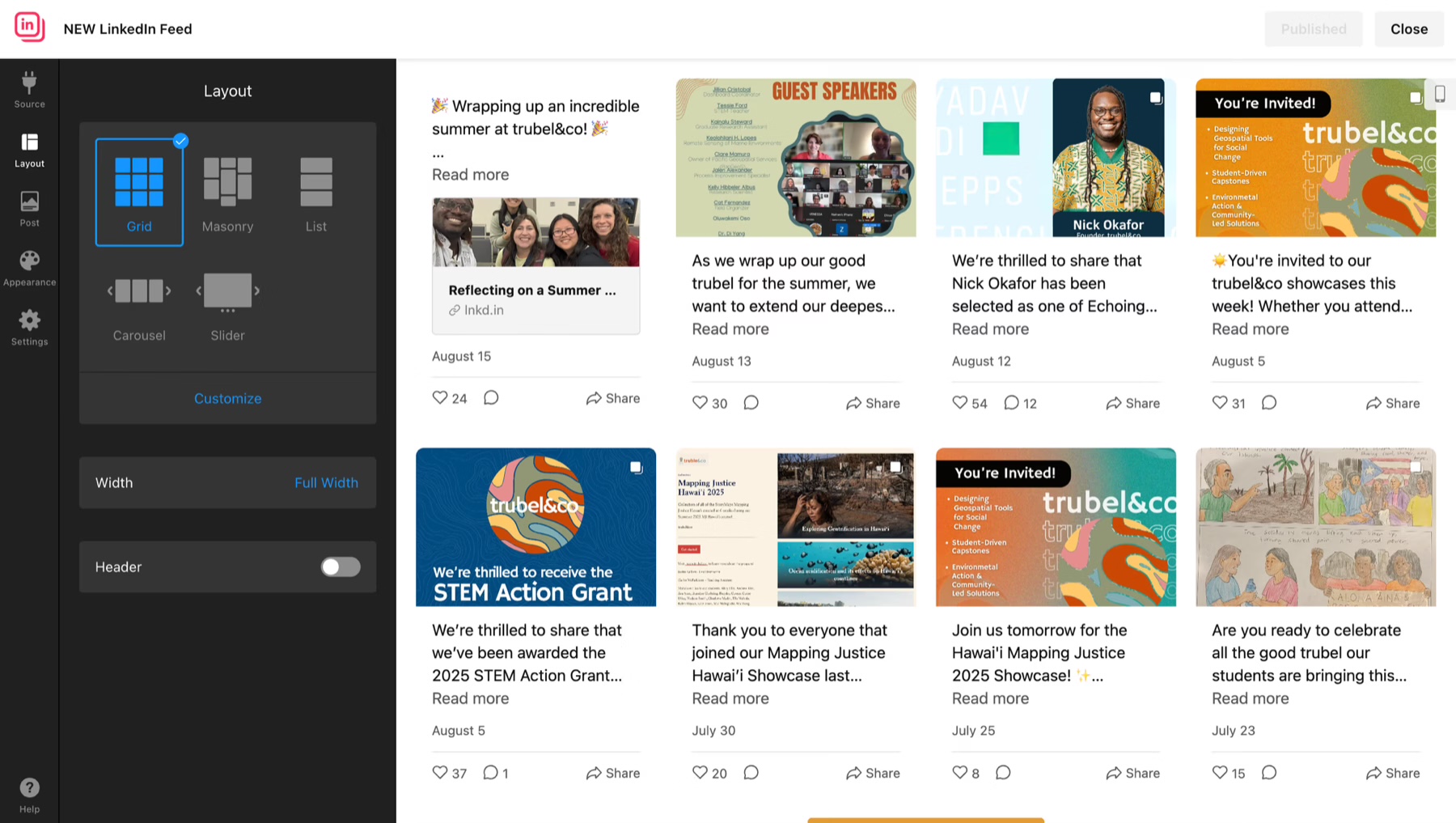 Elfsight LinkedIn integration editing